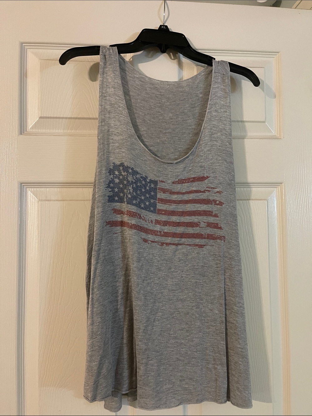 Gray Tank Top with Distressed American Flag Graphic